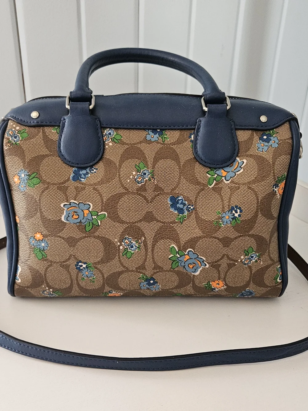 Coach Tan Signature Floral Satchel with Blue Trim and Matching Wallet